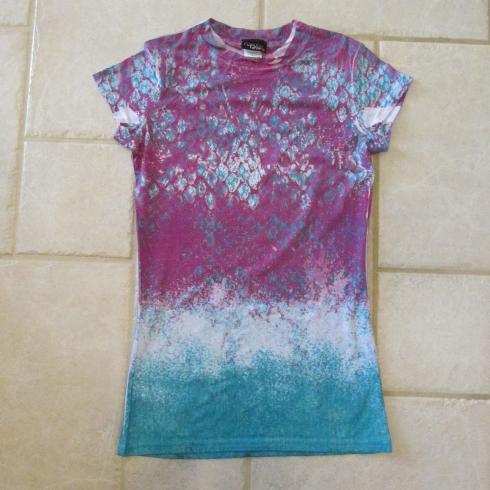 POPULAR SPORTS WOMENS SIZE S T-SHIRT PURPLE & TURQUOISE TIE DYE  TOP BOHO HIPPIE
